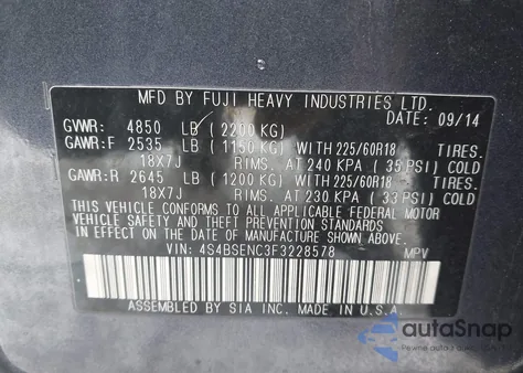 2015 Subaru Outback 3.6R Limited z USA, uszkodzony, nr VIN 4S4BSENC3F3228578